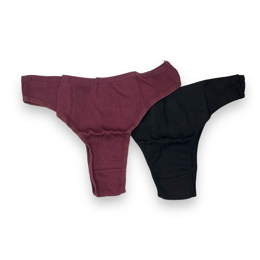 NEW Set Of 2 Thongs FineToo Black Burgundy Ribbed Underwear NWT Cotton